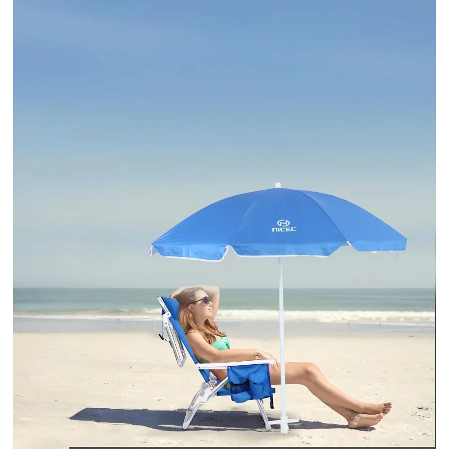 كرسي شاطئ على الظهر باللون الأزرق مع مبرد ومظلة مدمجة للبالغين، تصميم مكون من 5 أوضاع يتميز بحامل أكواب وشركاه #2