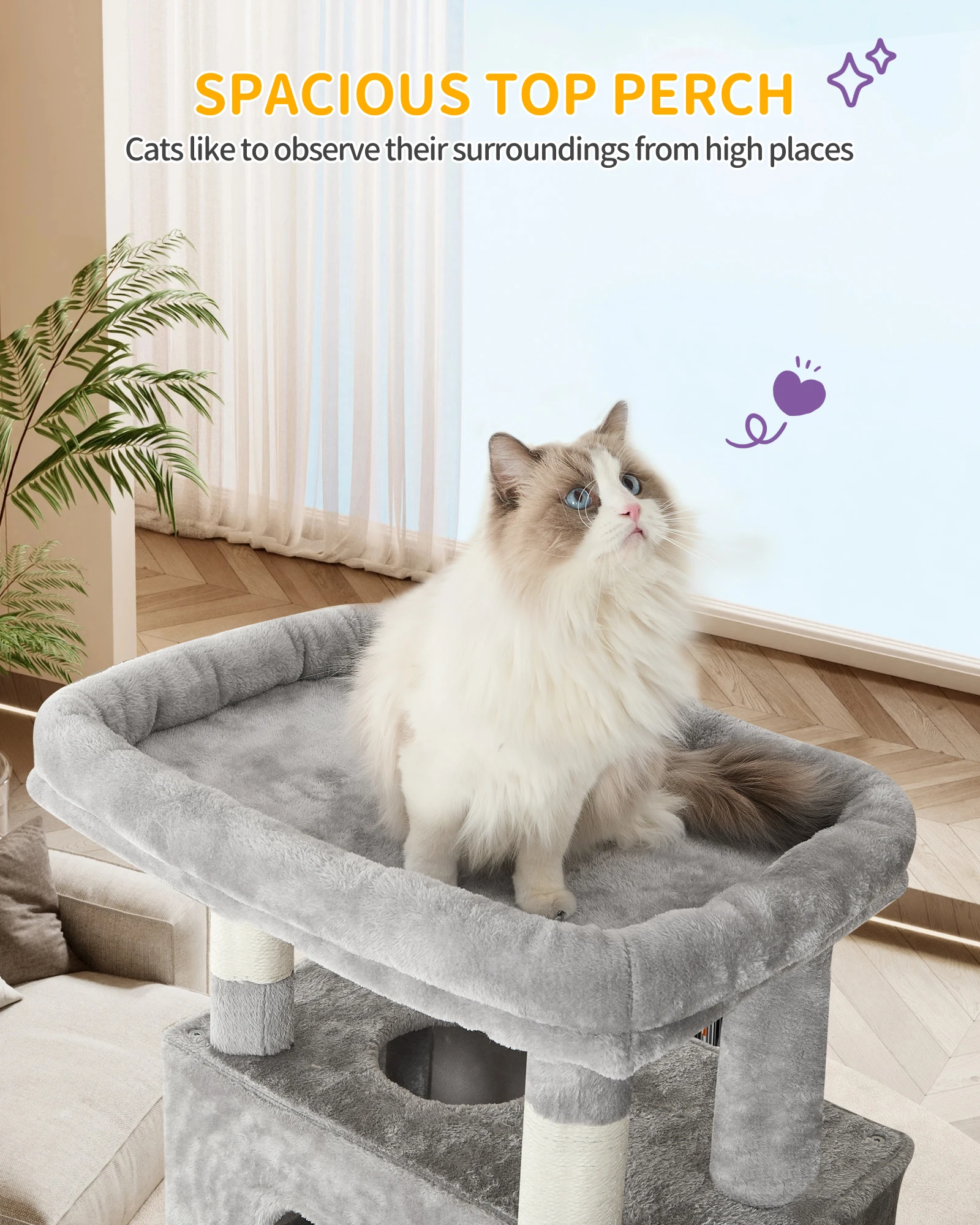 Hzuaneri 170 cm Large Cat Tree, Cat Tower for Maine Cat, Multi-Level Scratching Post with Large Perch, Washable Mat 4