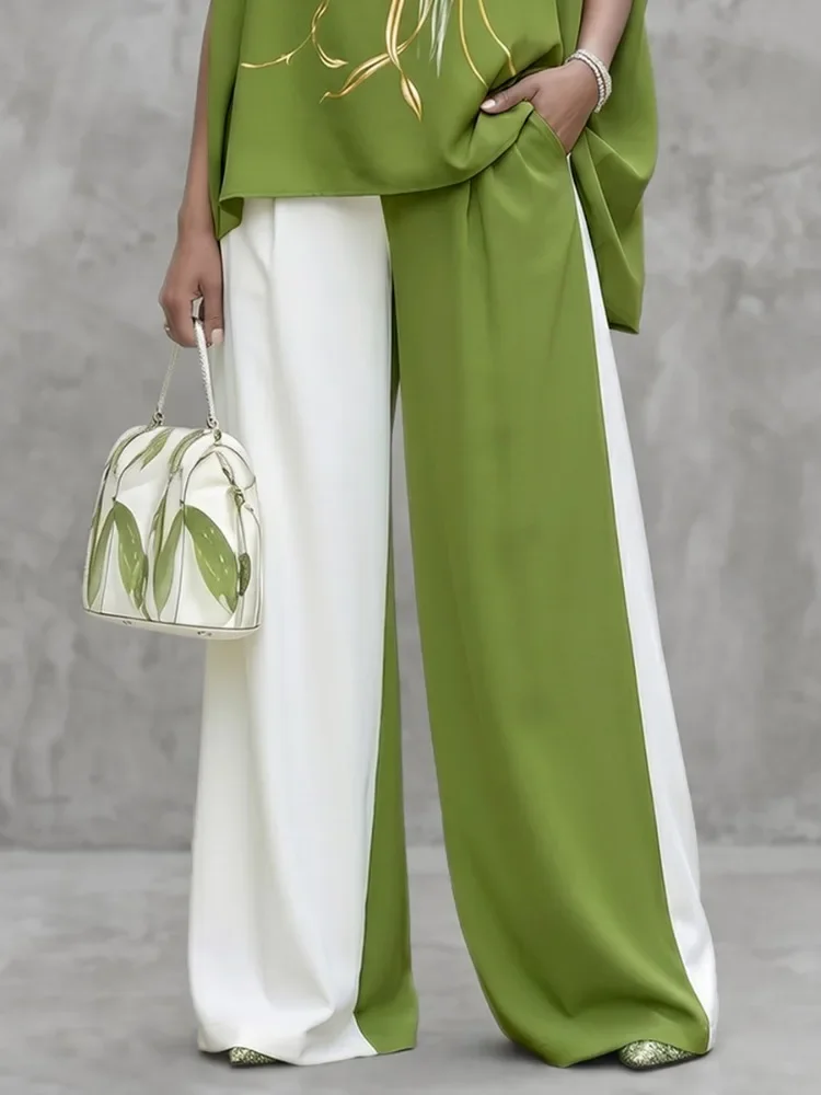 UOOZEE Women's Trendy White Green Contrast Color Wide Leg Matching Pants 2026 New Elastic Waist Casual Palazzo Trousers Bottoms