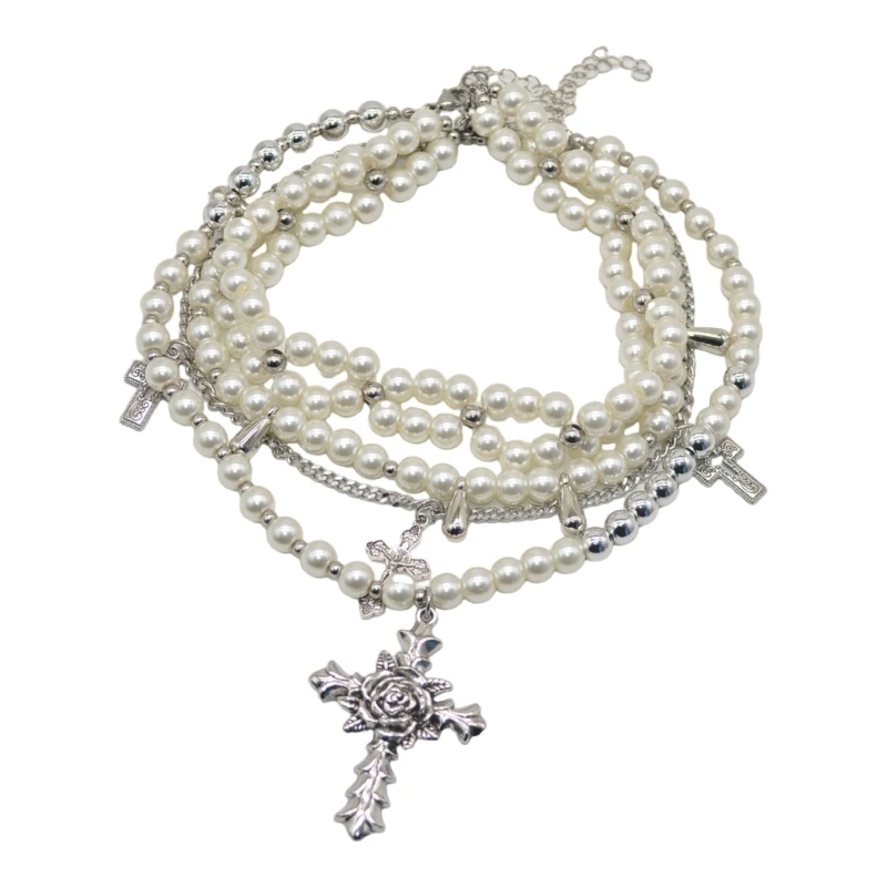 

Vintage Pearls Multilayered Strand Choker Necklace with Sturdy Alloy Crosses Pendant Jewelry Accessory for Trendy Women