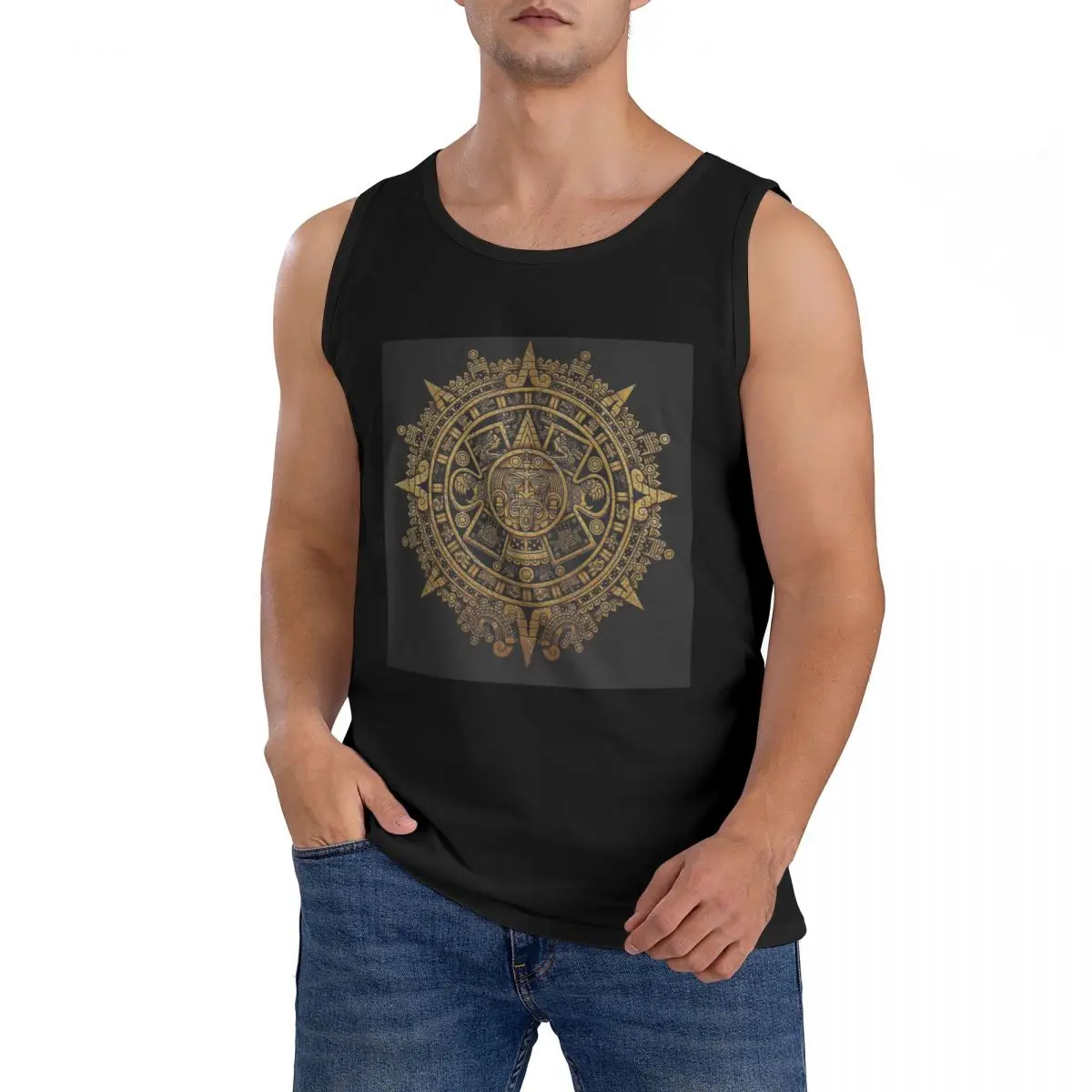 100% Cotton Aztec Calendar Sleeveless T-Shirt Men Workout Sports Clothing Tops Men's Crew Neck Vest