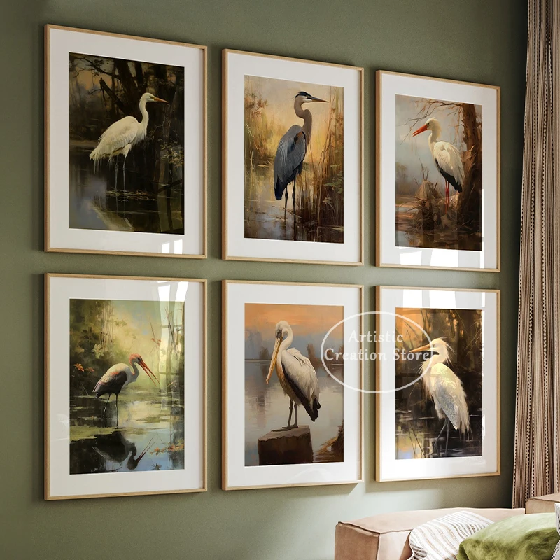 Blue Heron Bird Poster Print Canvas Painting Egret Vintage Wall Picture for Modern Living Room Bedroom Farmhouse Art Home Decor