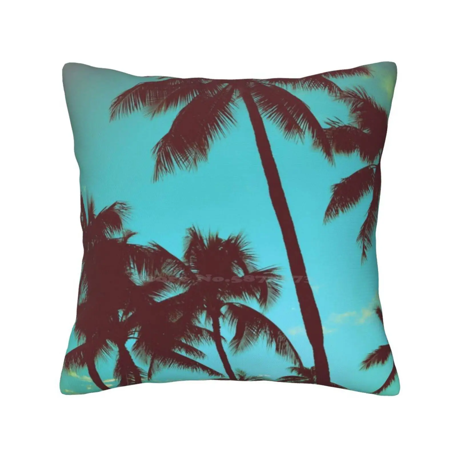 Vintage Tropical Palms Funny Cute Decor Square Pillowcase Aged Background Beach Blue Calm Caribbean Cloud Coast Concept Dawn