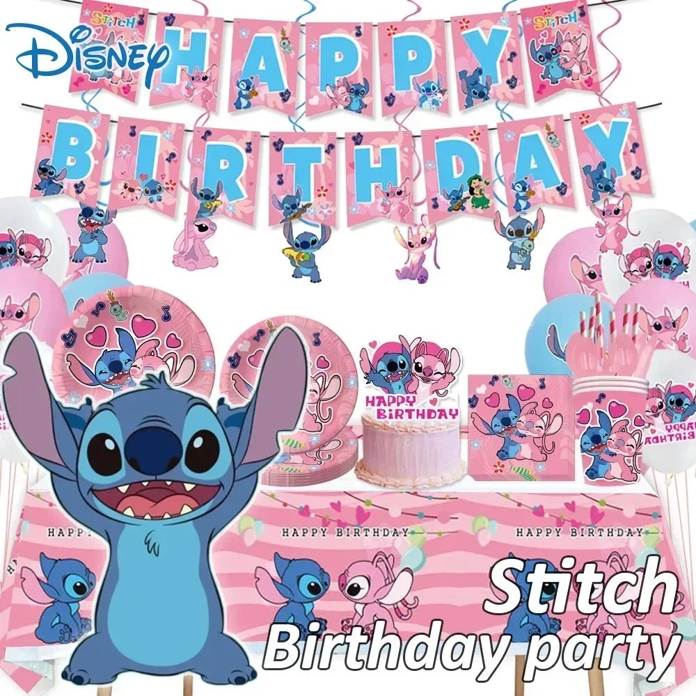 Disney Pink Lilo Stitch Birthday Party Decorations Cartoon Stitch Disposable Tableware Festive Napkin Supplies Children's Day