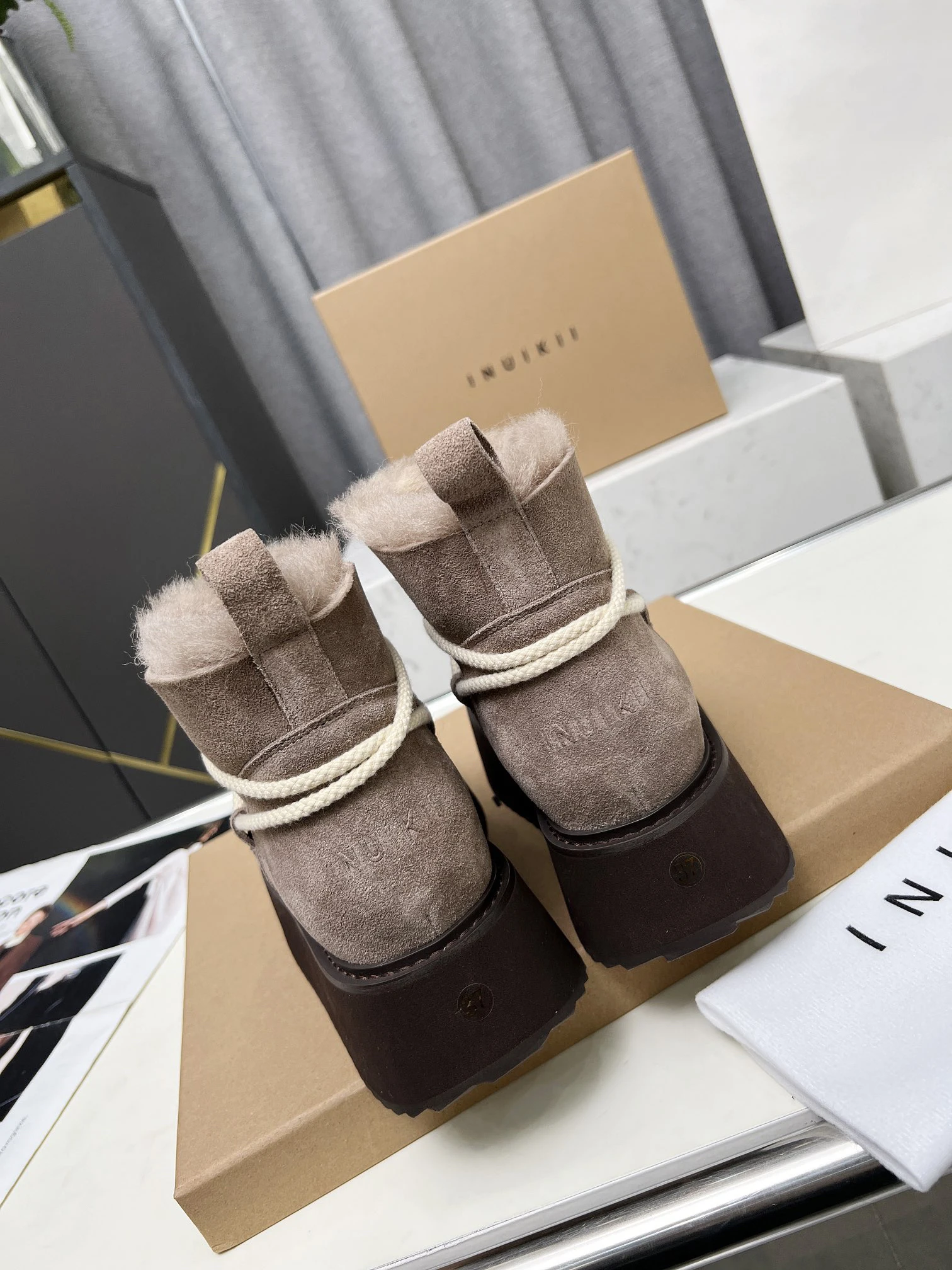 INUIKII Winter Snow Boots Woman Cow Suede Thick Sole Ankle Boots Wool Warm Flat Platform Shoes Woman Round Toe Short Boots Women