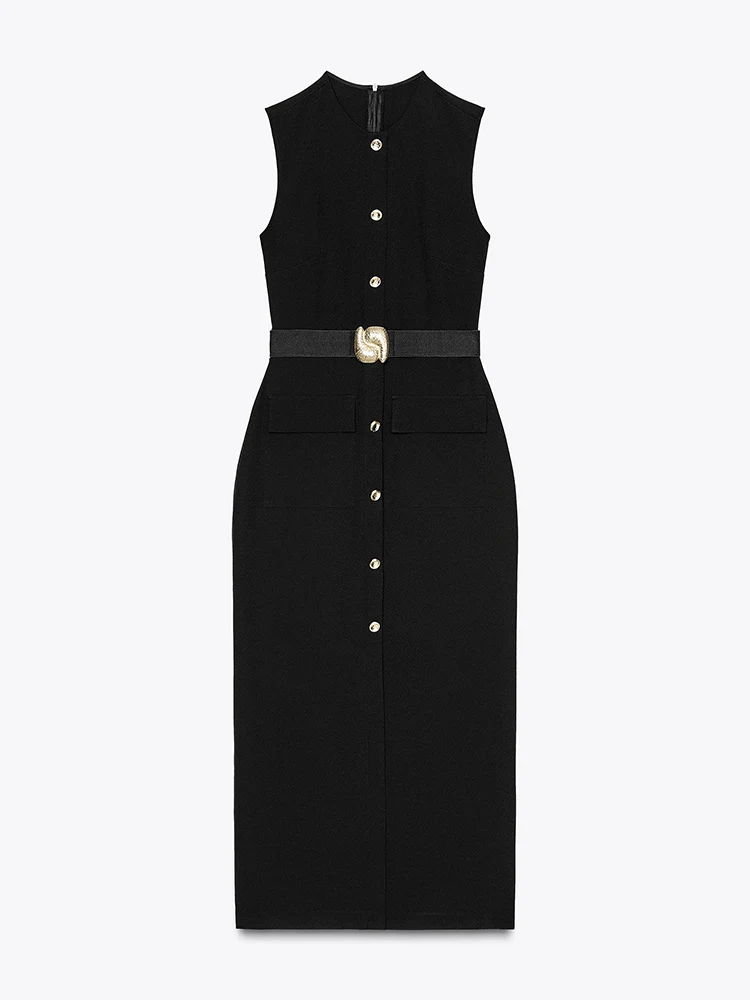 Spring New Arrival Women's Midi Dr ZA2025 Svel round Ne Gored Skirt with Belt Single Button Closure Vest Sle