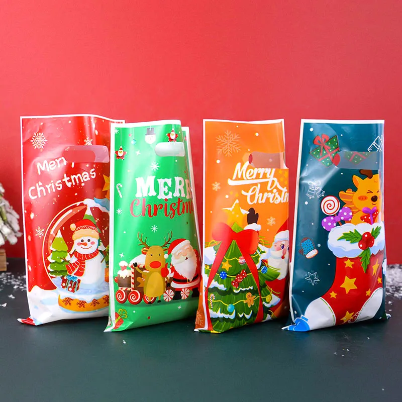 10szt Wesołych Świąt Candy Gift Bags Santa Elk Cookies Biscuit Packaging Handle Bag Christmas Decoration For Home Xmas New Year