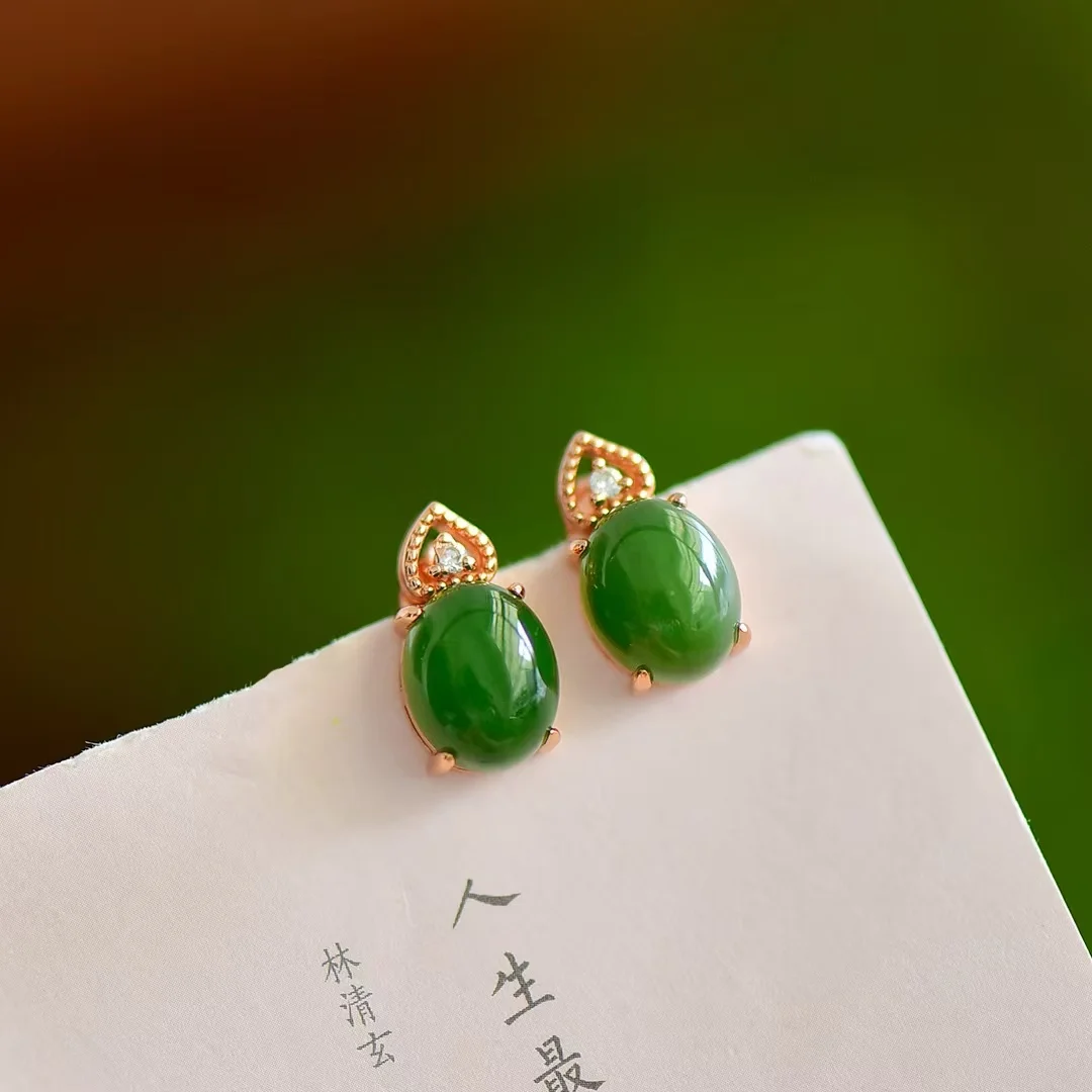 

S925 Silver Inlaid Hetian Jade Jasper Egg-shaped Heart-shaped Earrings Jewelry 12137-1#