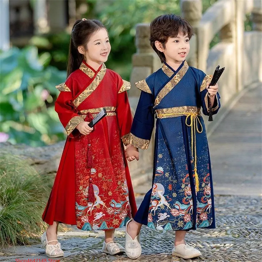 Crianças bordar hanfu antigo estudante traje menino & menina festa realizar fotografia vestido do bebê tradicional chinês roupas de ano novo