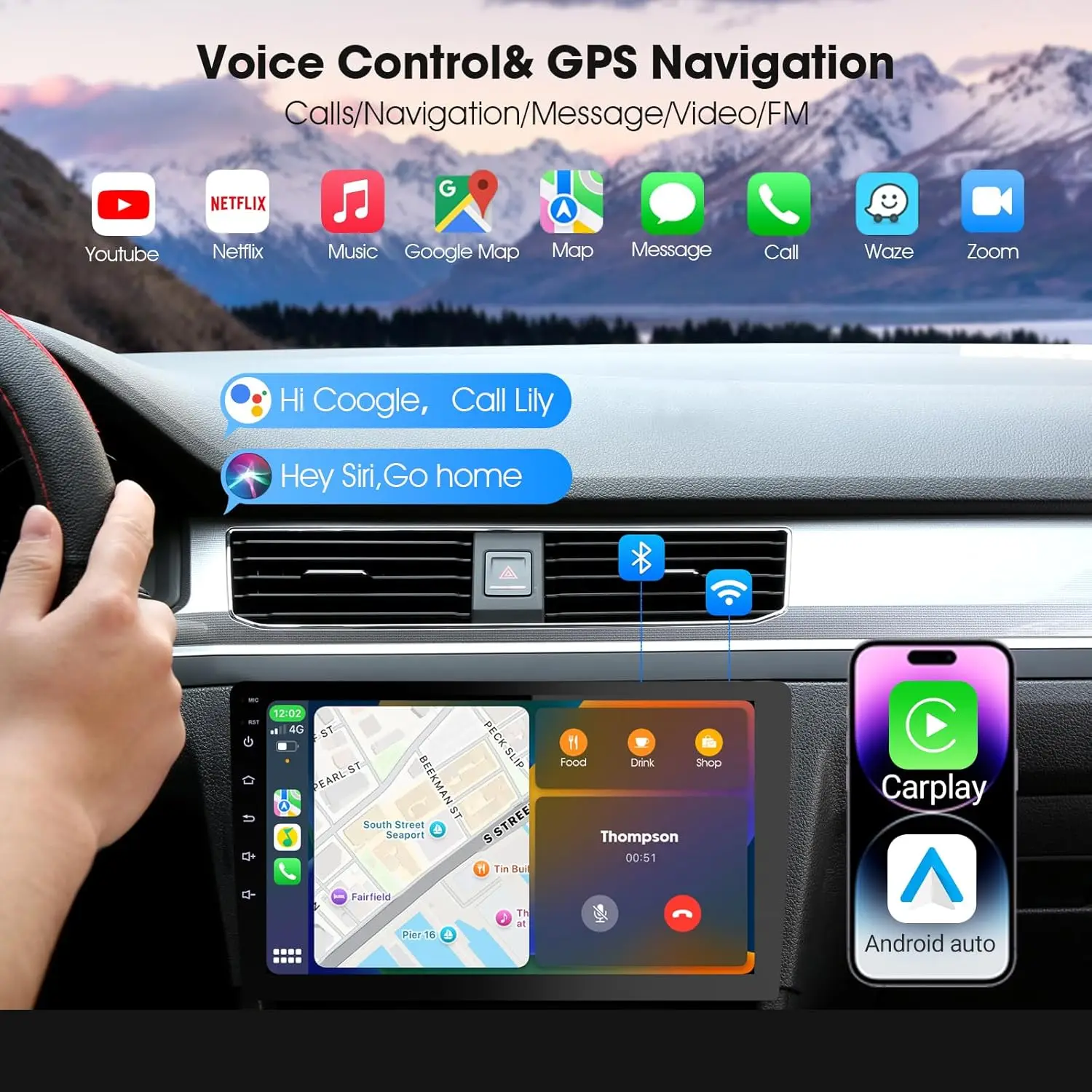Estéreo de carro sem fio CarPlay e Android Auto de 9 polegadas com câmera de backup, navegação GPS, DIN duplo, ZLink