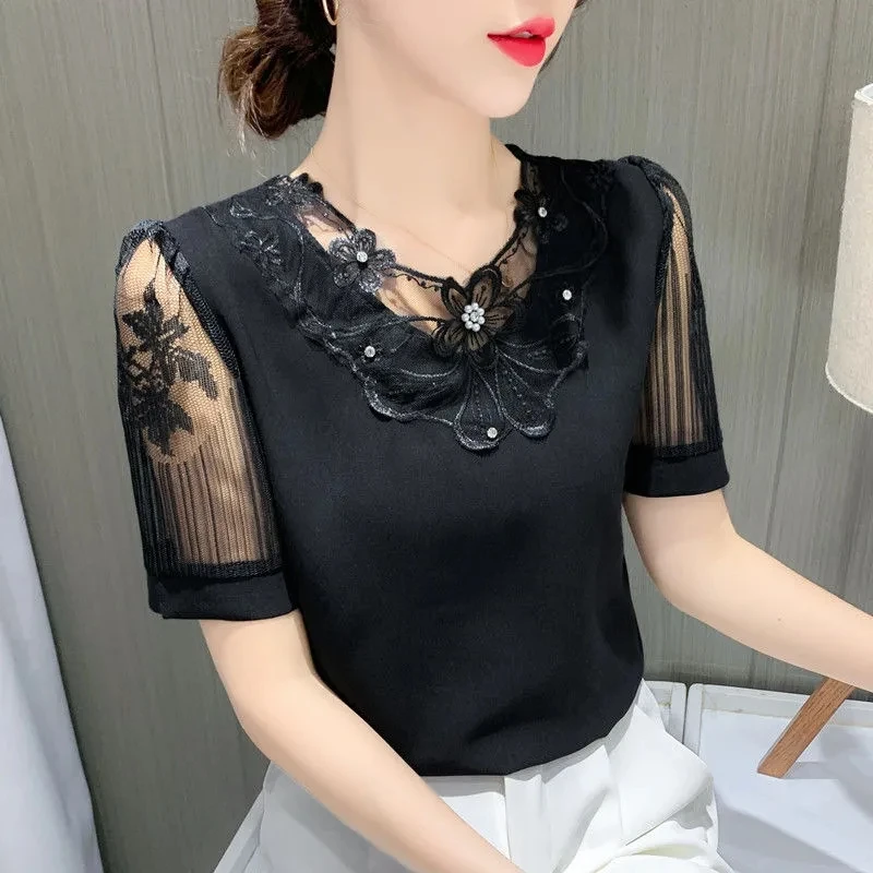 Spring And Summer New Chiffon Shirt Ladies Short Sleeve Fashion Blouse Loose Joker T-shirt Ladies Slim Solid Color Simple Top