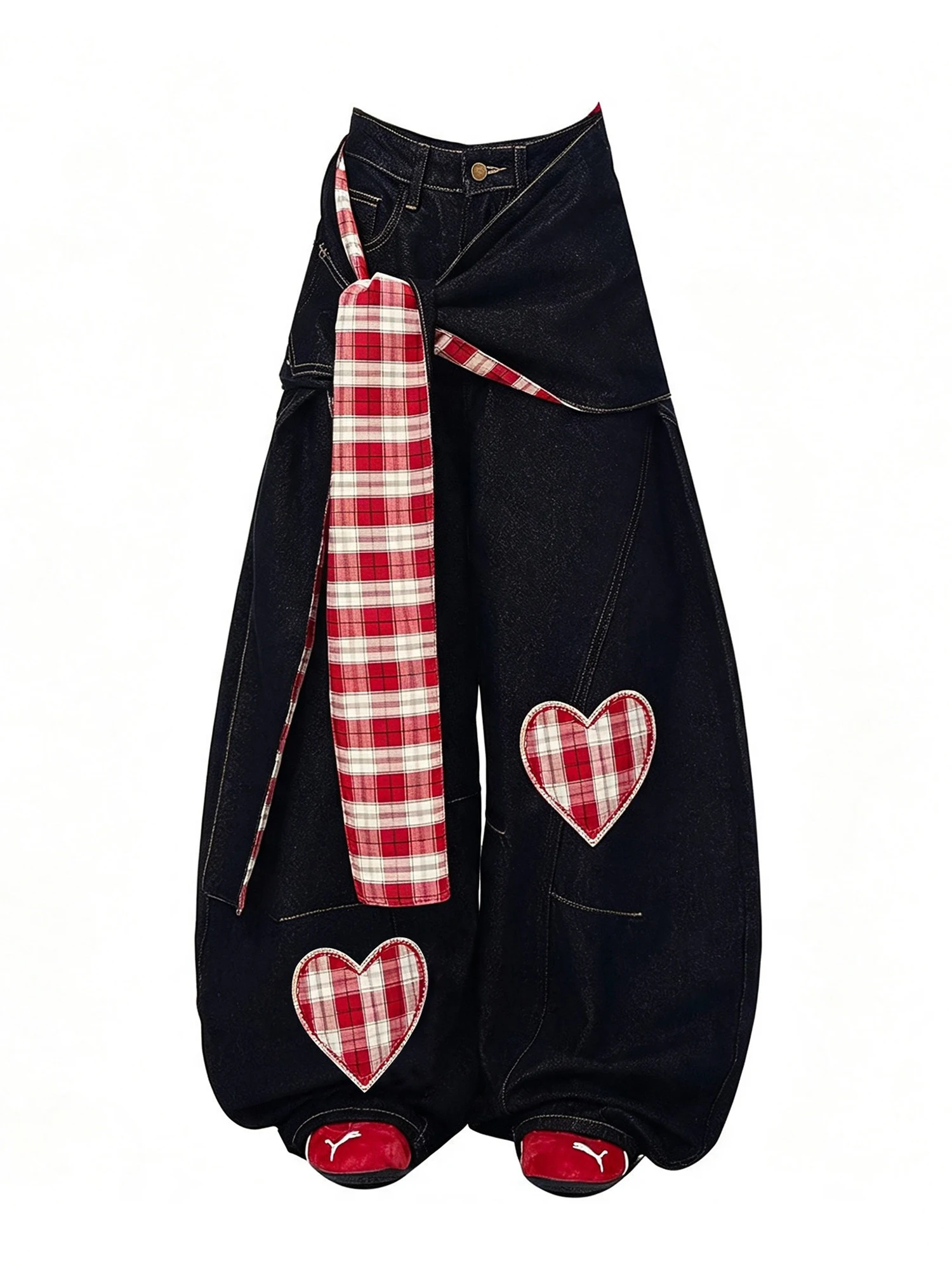 Women Black Gothic Y2k Gyaru Emo Baggy Jeans with Wrap Skirt Oversize Denim Trousers Vintage Grunge Alternative Jean Pants 2026