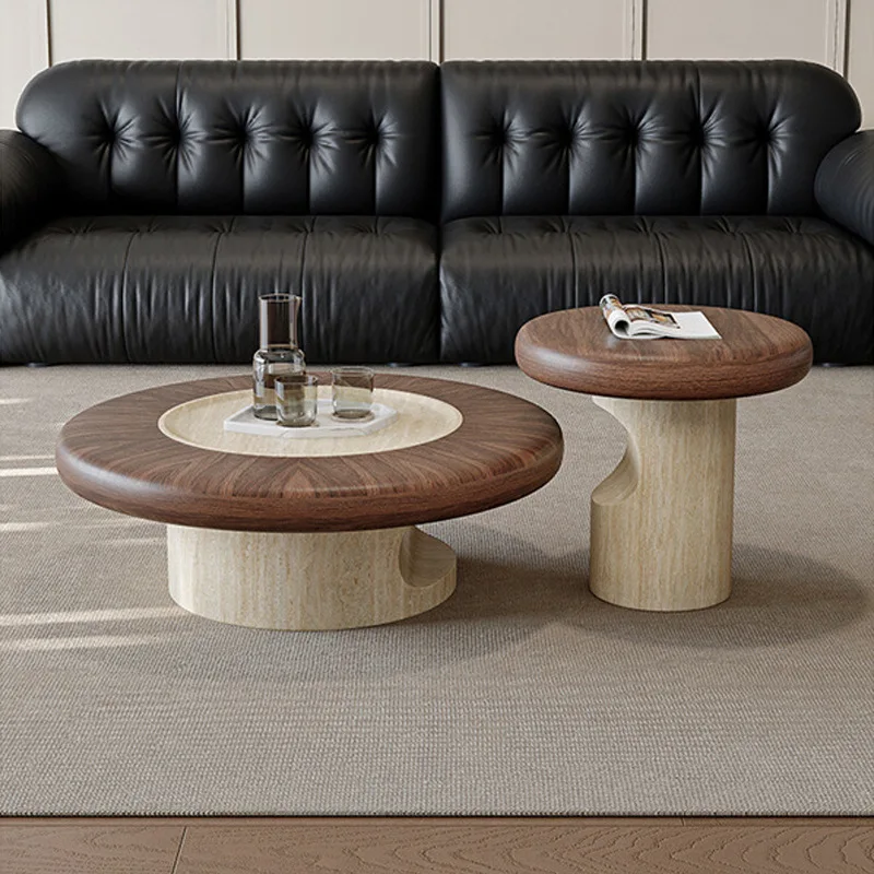 LH simple modern travertine texture coffee table living room household round antique solid wood