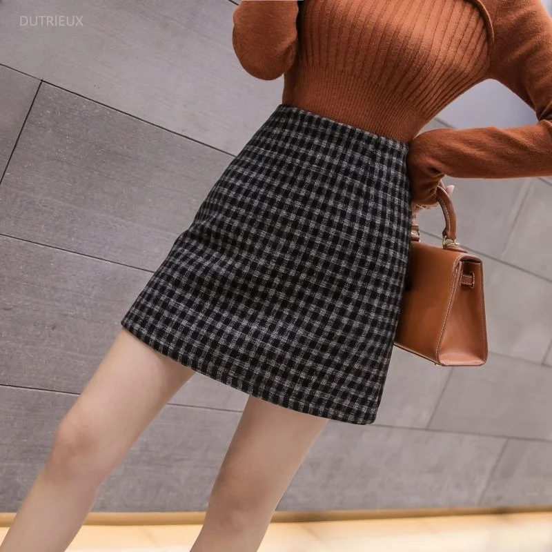 Woolen Skirts Women Plaid Autumn Winter A-line Elegant Mini Skirt Korean Fashion High Waist Elegant Faldas Mujer