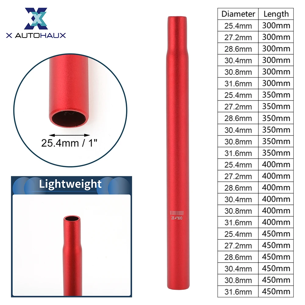 

X Autohaux Bike Seat Posts 25.4 27.2 28.6 30.8 31.6x300mm 350mm 400mm 450mm Lightweight Saddle Post Seat Tube Red Aluminum Alloy