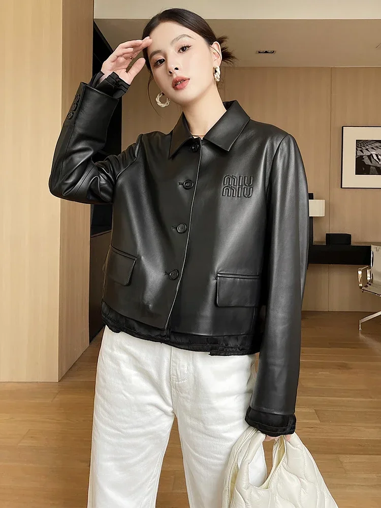 

High-end Casual Black Genuine Leather Jackets for Women 2026 New Trend Simple Single-breasted Cropped Natural Sheepskin Coat
