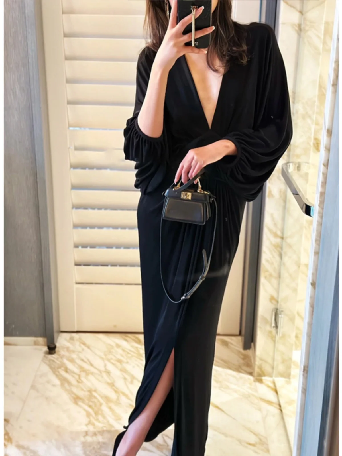 

Ele Deep V Ne Pleated Loose Slimming Split Dr Summer Sexy Pure Desire Evening Gown Long Skirt High Waist A-Line Skirt