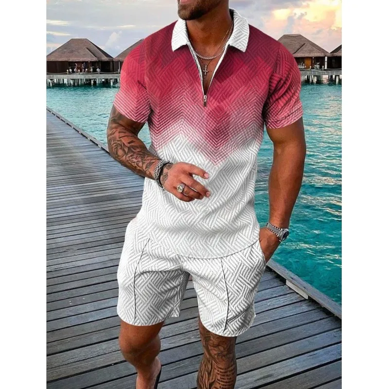 

Funny 3D Stripe Print Men's Short Sleeve Set Fashion Zipper Polo Shirt Shorts 2 Piece Outfit Summer Streetwear Casual Loose Suit