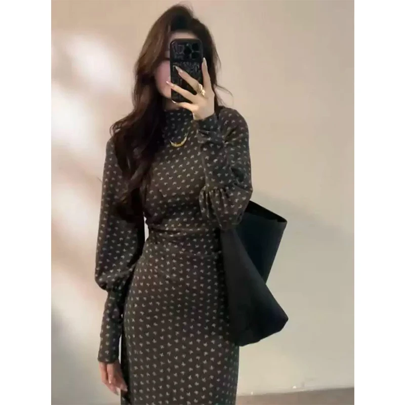 Vintage Floral Midi Dress Women Elegant Print Half Turtleneck Lantern Long Sleeve Dresses Autumn Ladies Korean Bodycon Vestidos