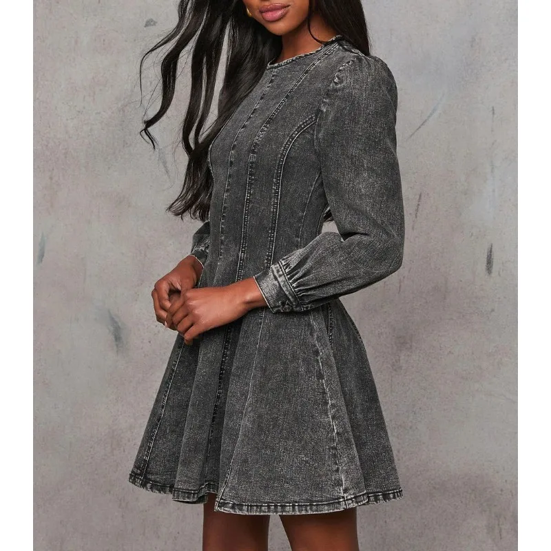 2025 Autumn, Elegant Temperament Splicing Waist Women's Denim Long-sleeved Dress