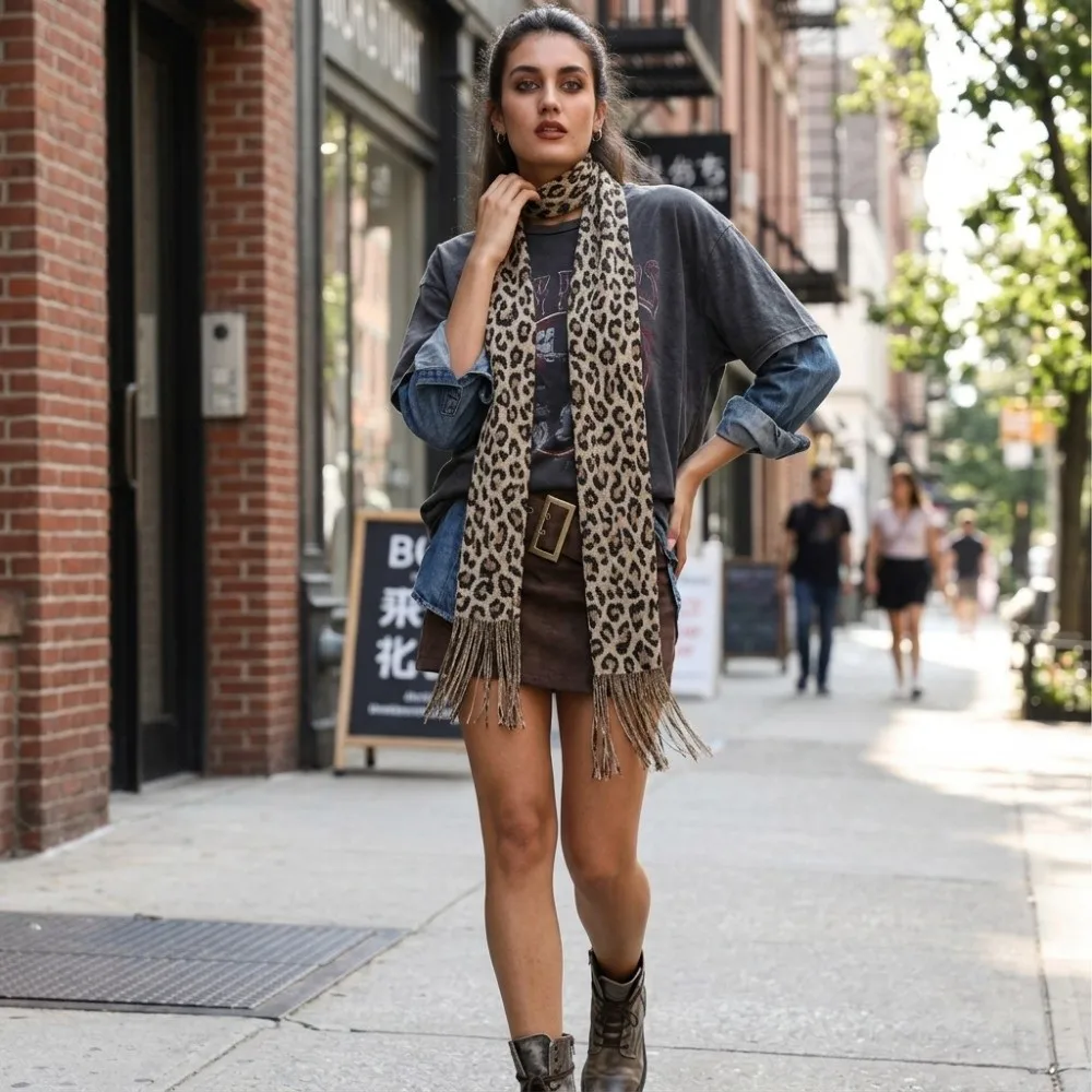 Stylish Shiny Women Tassel Scarf Leopard Pattern Fashion Tiger Stripes Fringe Shawl Long Strip INS Thin Ribbon Scarf Daily Use