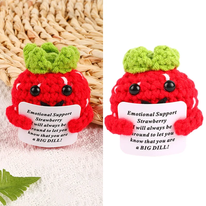 Cute Positive Energy Strawberry Hug Pocket Mini Handmade Plush Wool Knitting Doll with Card Home Room Decoration Ornaments