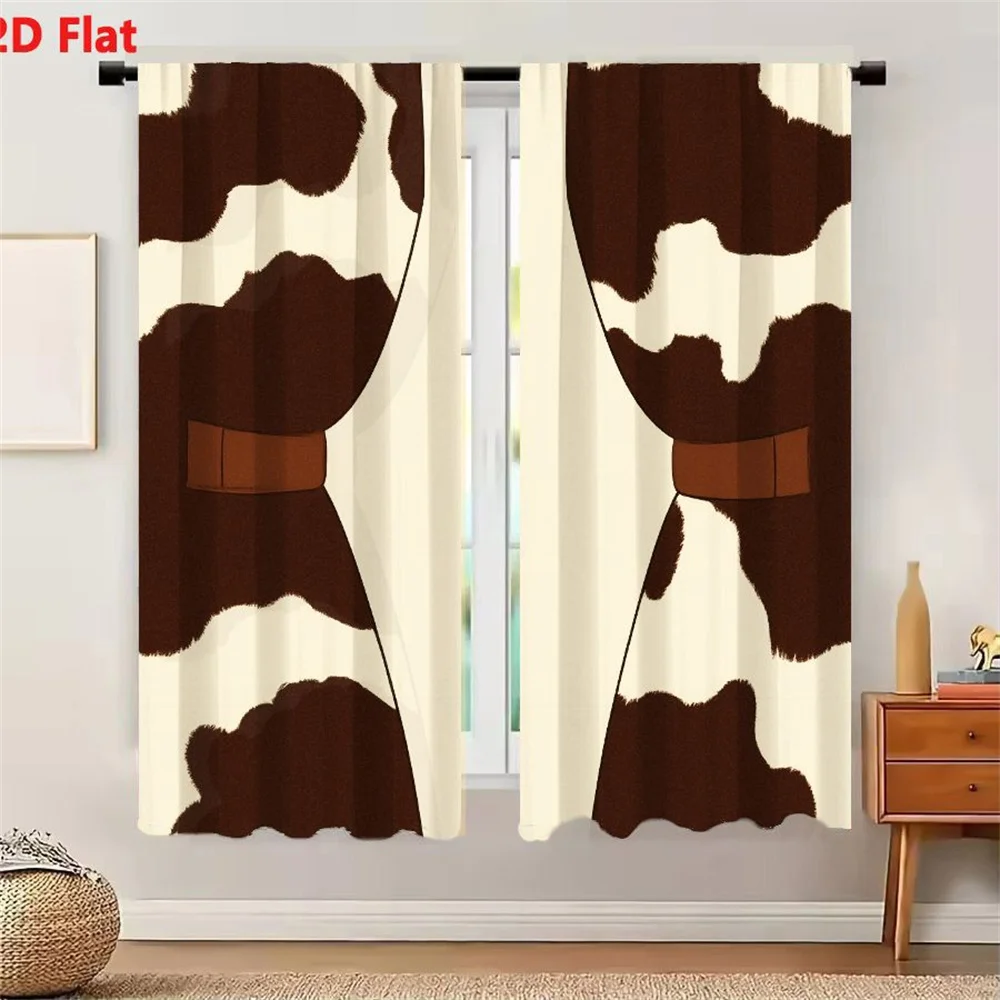2Pcs Curtains 2D Flat Symmetrical Cow - Print Curtains With Brown Tie - Backs, Light Cream Background, Mirror - Image Compositio