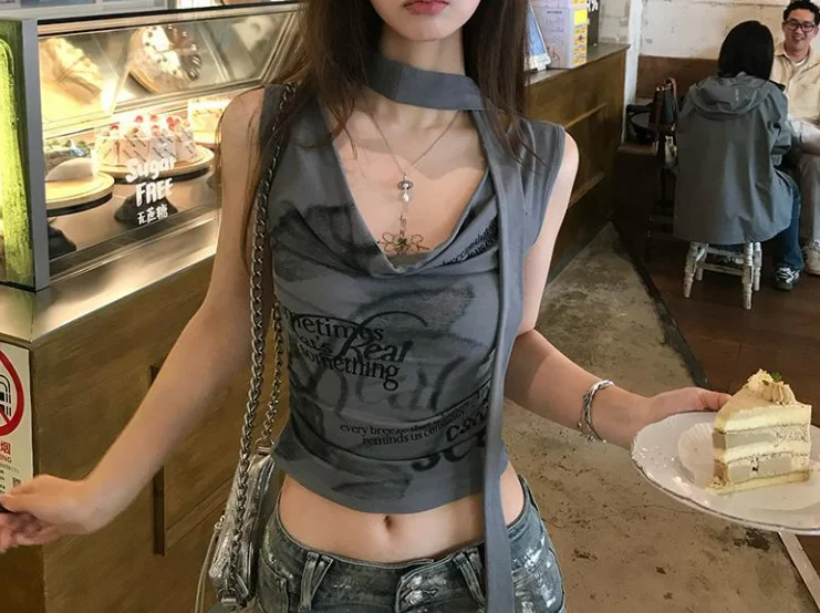 

Women's Retro Fashion Blouses 2025 Spring Summer Latest Printed Swing Collar One Shoulder Tank Top Neck T-Shirt Versatile Top