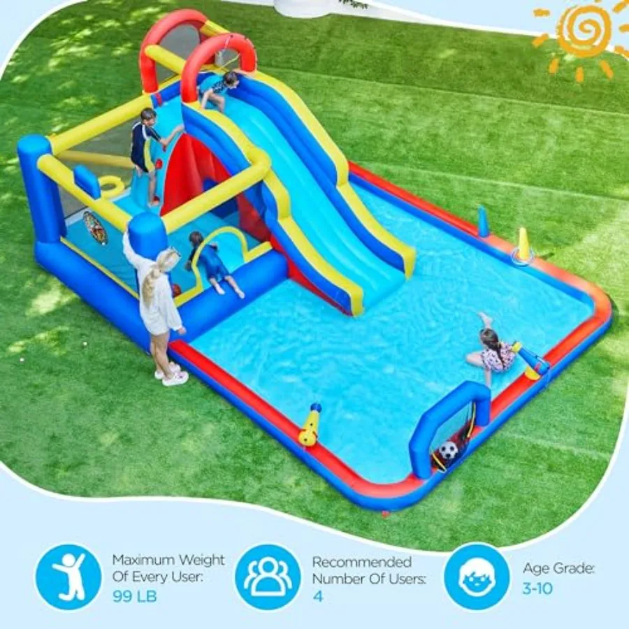 Outdoor inflatable bounce house with slide and splash pool for kids 3-10, PVC material, blue/red, includes blower and storage b
