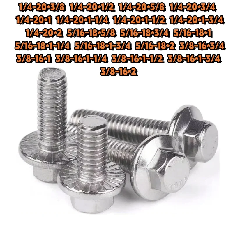 UNC Flange Bolts 1/4 5/16 3/8 304 Stainless Steel Hexagon Head with Serrated Flange Cap Screw Hex Screws for Car Motorcycle