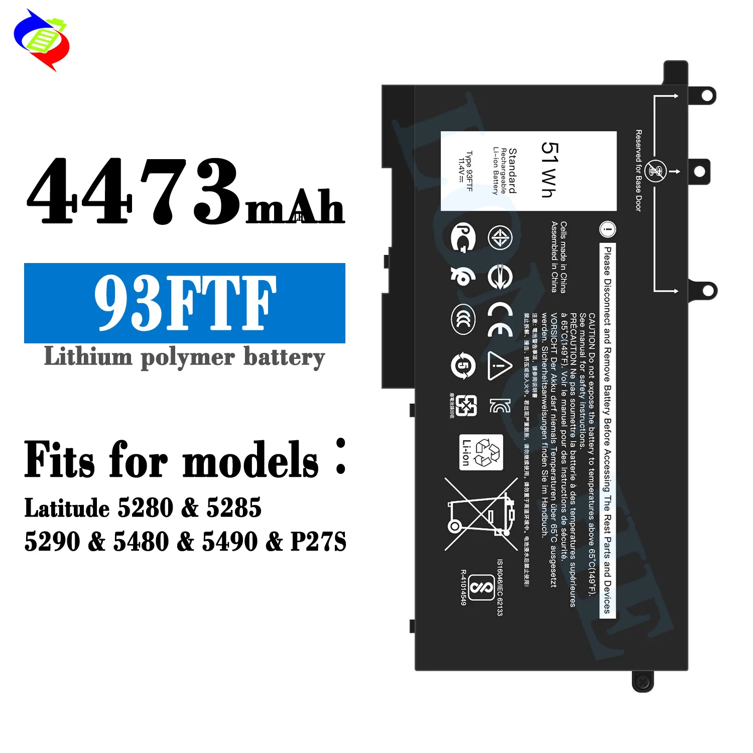 93FTF Laptop Battery for Dell Latitude 5280 5480 5580 5490 5590 E5280 E5480 E5580 11.4V 51Wh Replacement Battery 3DDDG GJKNX
