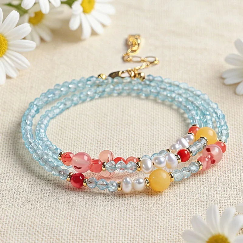 Lucky Freshwater Pearl Blue Zircon Faceted Bead Thin Layered Multi Wrap Light Luxury Bracelet Necklace Gifts