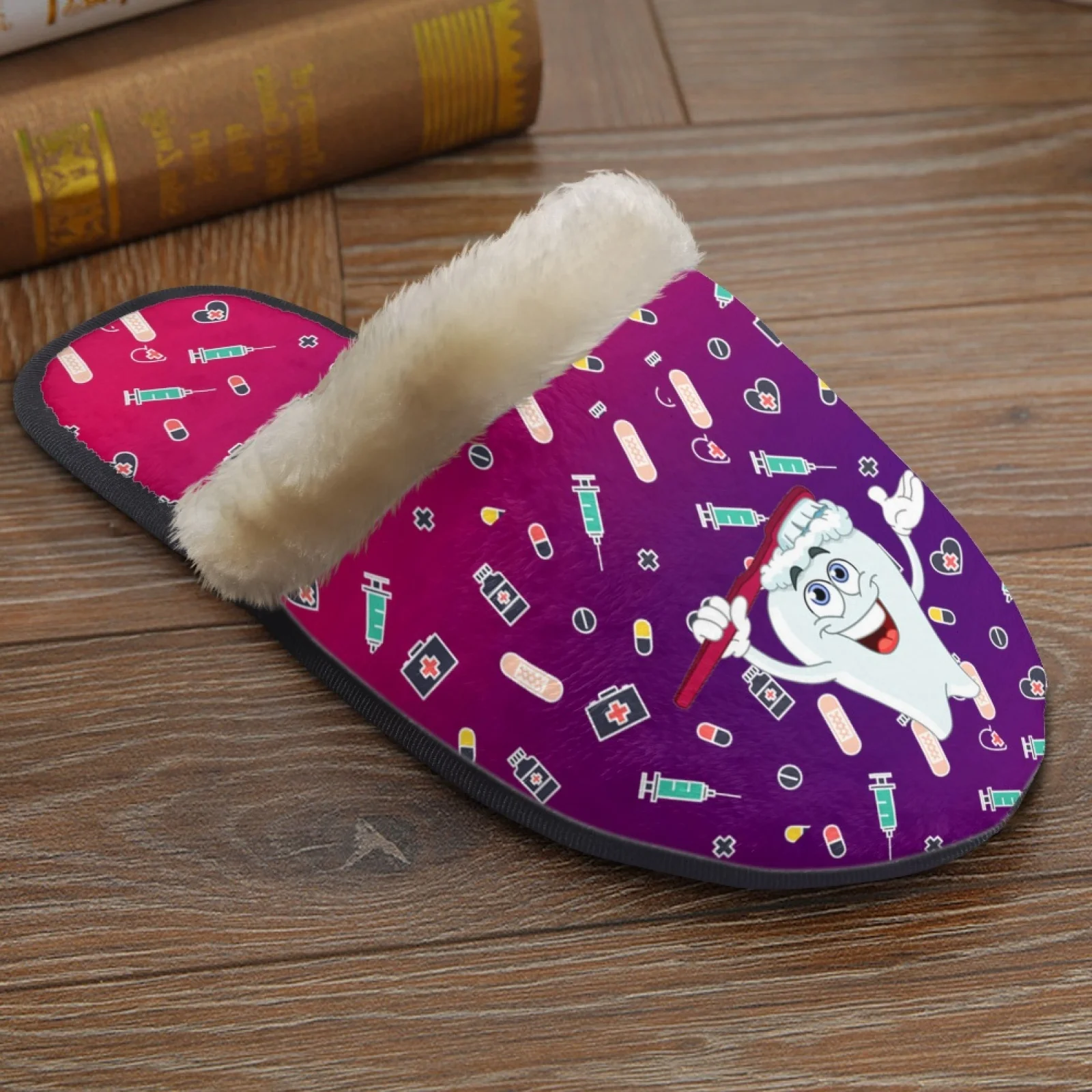 Cute Teeth/Dental Print Fuzzy Slipper Winter Half Shoes for Women Mules Slippers Non-Slip Cozy Cotton Slipper Couple Warm Slides