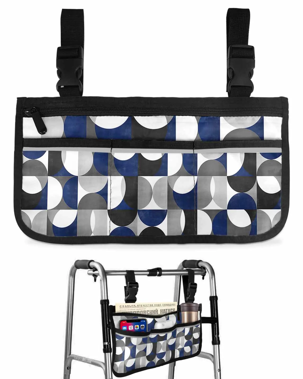 Nordic Retro Medieval Geometric Abstract Blue Wheelchair Bag Armrest  Side Bags Electric Scooter Walking Frame Storage Pouch