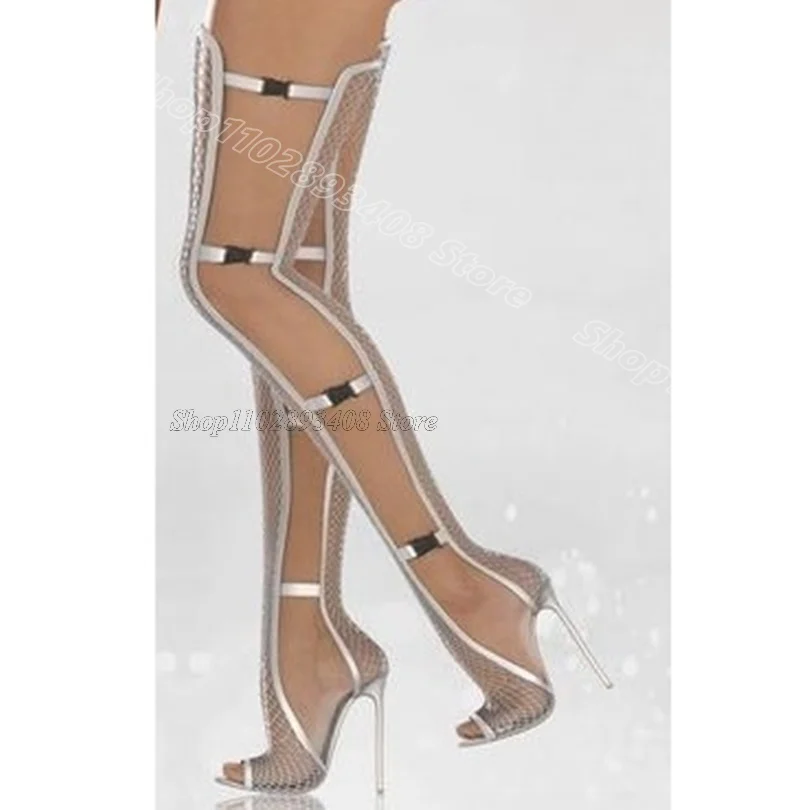 Black Net Peep Toe Sexy Sandal Boots Stiletto British Style Summer Dress Design Women Casual Sandals 2025 Zapatos Para Mujere