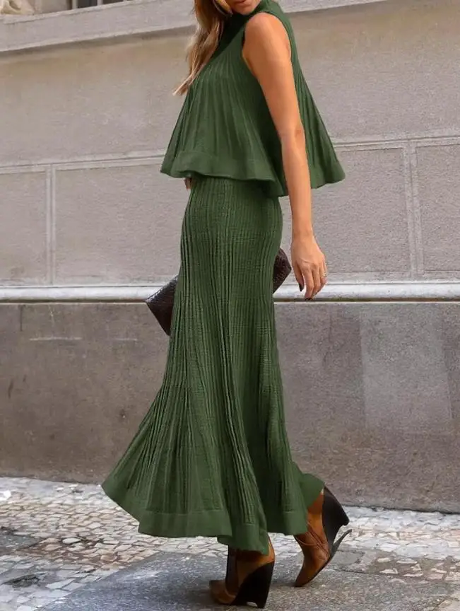 Fashion Women's 2 - Piece Outfit Sleeveless Loose A Line Pleated Knit Tank and High Waist Midi Fishtail Skirt Set