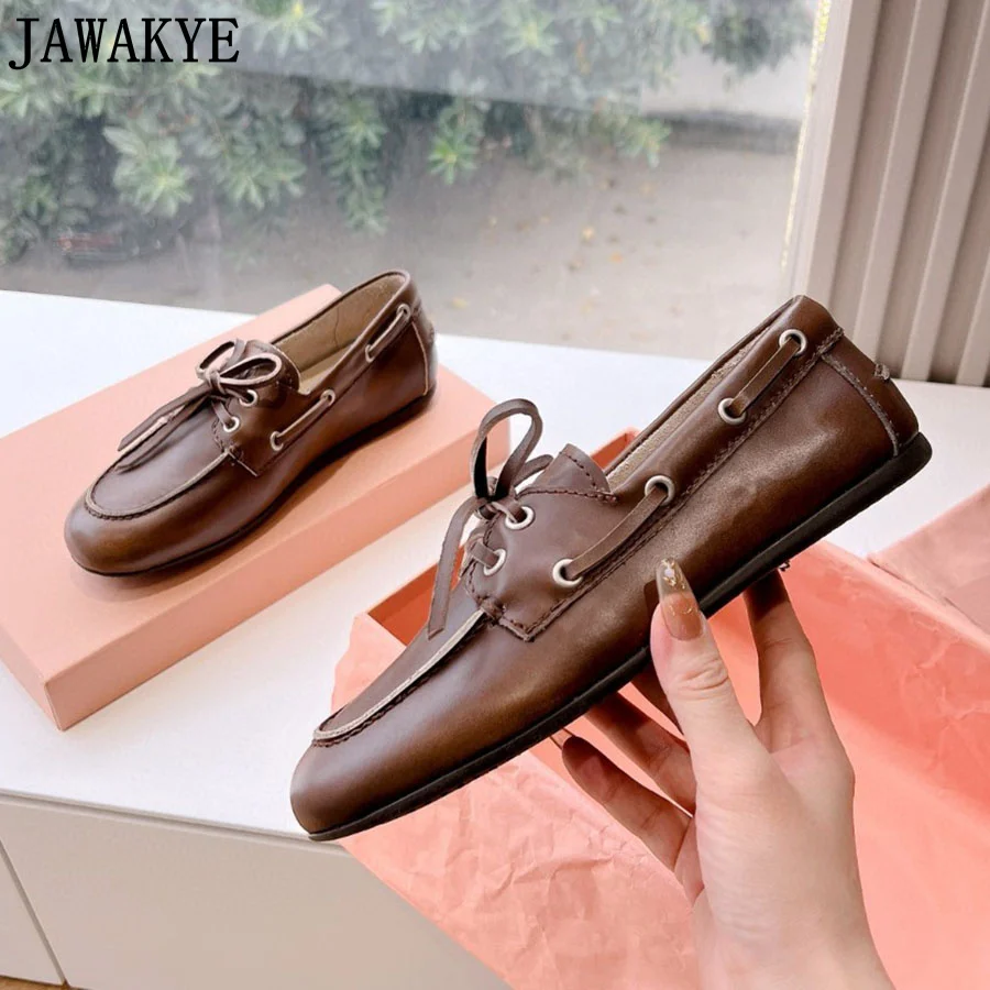 2024 Spring Suede Flat Loafers Shoes Woman Lace Up Leather Flats Casual Brand Out Door Driving Vacation Walking Shoes For Women