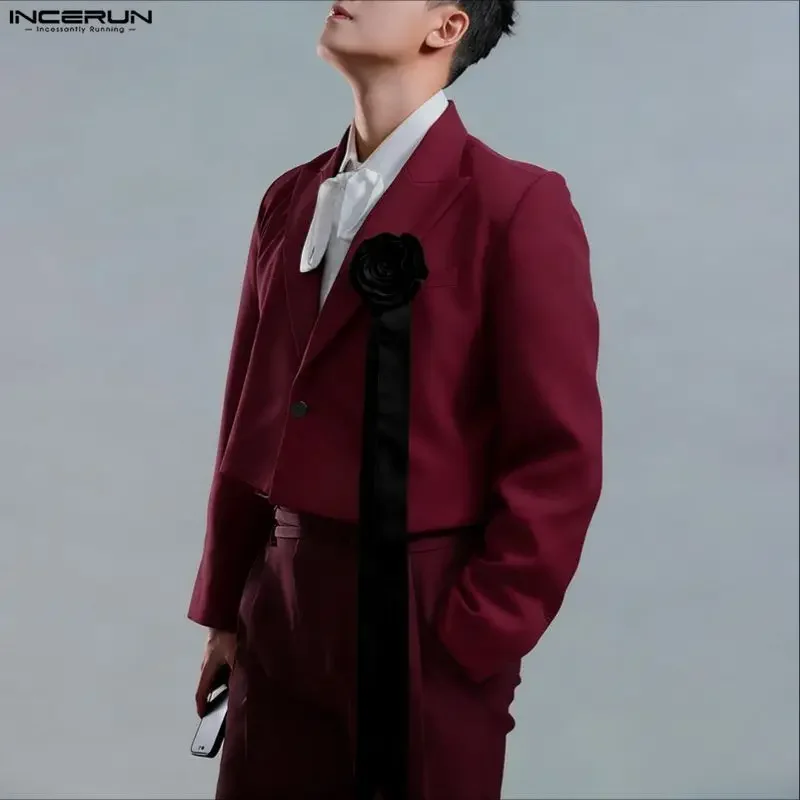 

INCERUN Men Blazer Flower Decoration Lapel Long Sleeve One Button Male Suit Streetwear Elegant Fashion Casual Crop Coats Men