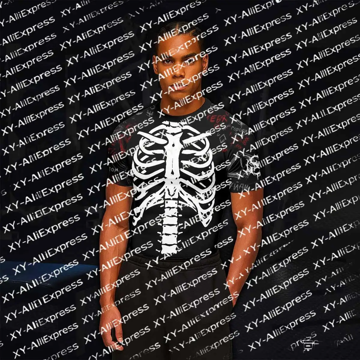 Men's Rib Cage Anatomy Compression Shirt, Punk Graffiti Sleeve Print in Black and White, Quick-Dry Gym T-Shirt for Halloween