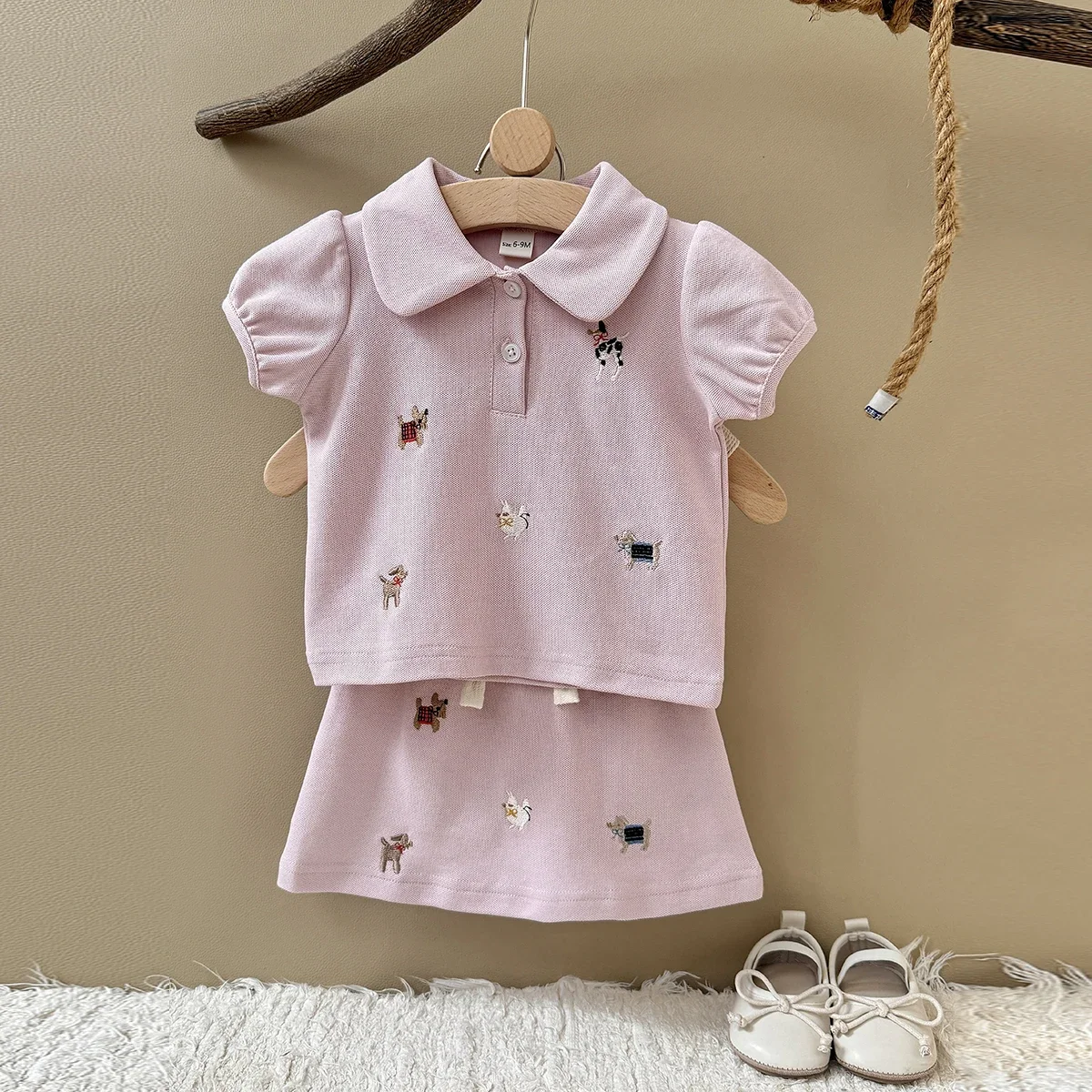 Summer Baby Girls Leisure College Style Set Summer New Children's Short Sleeve Puppy Embroidery Top+Skirt Stylish 2pcs