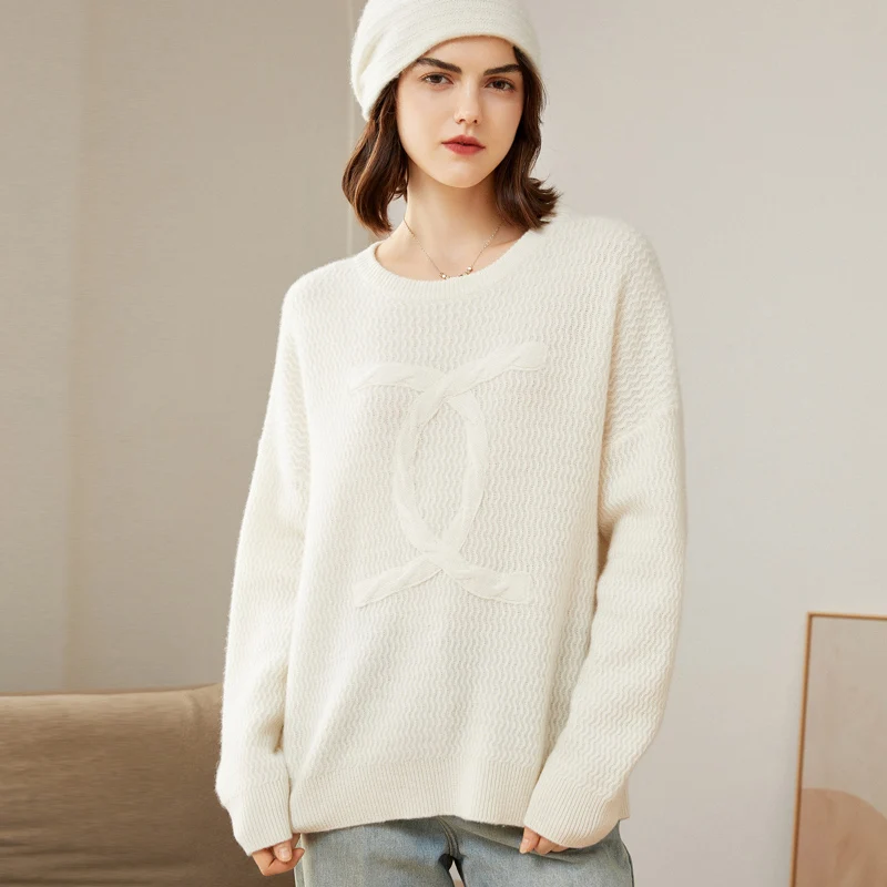 

New Autumn And Winter Women's Sweater Crewneck 100% Pure Cashmere Sweater Wavy Pattern Top Loose European And American Version