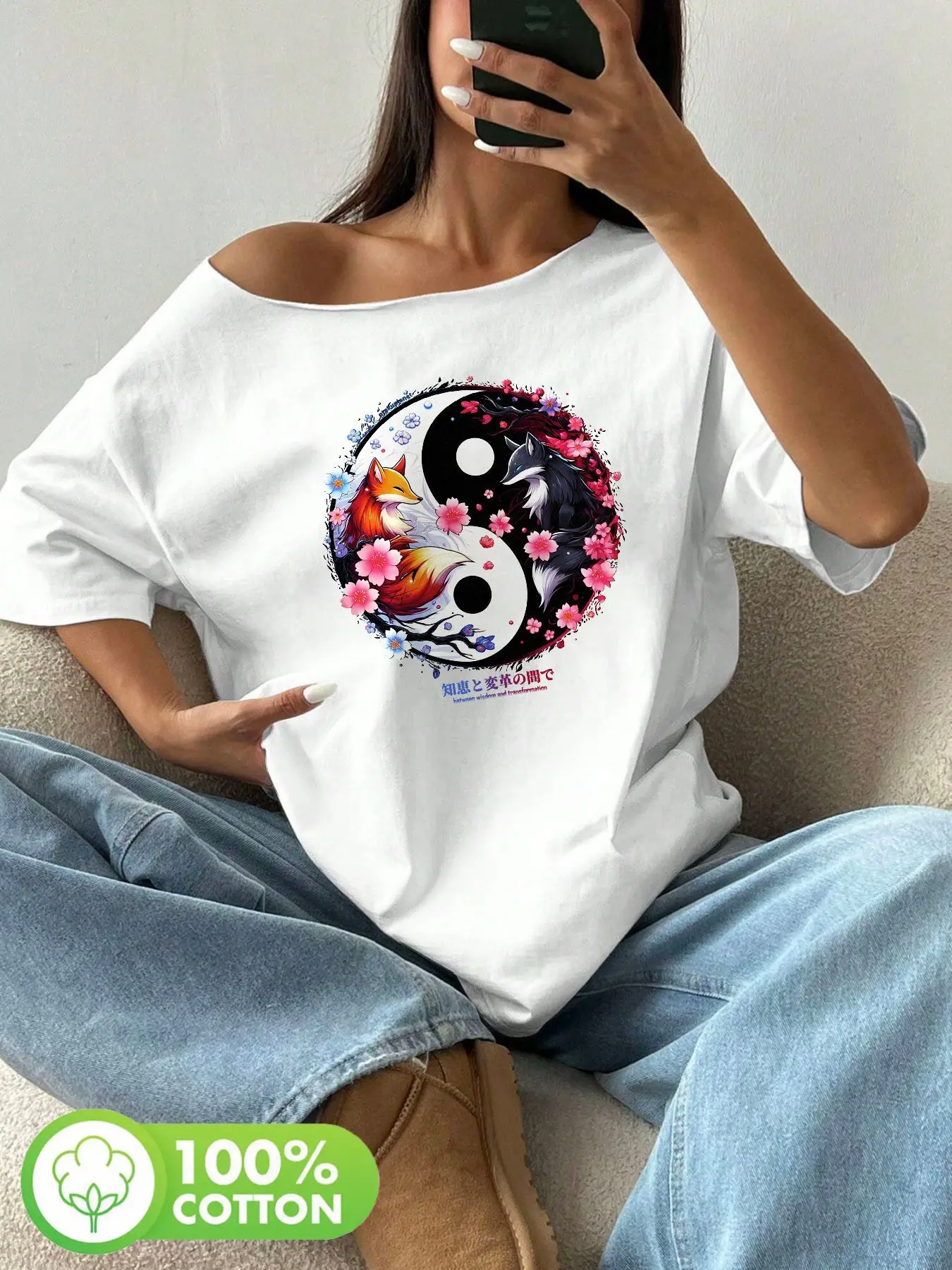 

Plus Size 100% Cotton Shoulder Loose Print T-Shirt Oversized Y2K Style Graphic Tees Women Tops Summer Off The Shoulder Top Yi