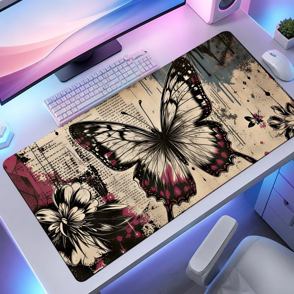 Black and white butterfly flower pattern mouse pad, anti-slip, suitable for office desks, desk decoration accessory