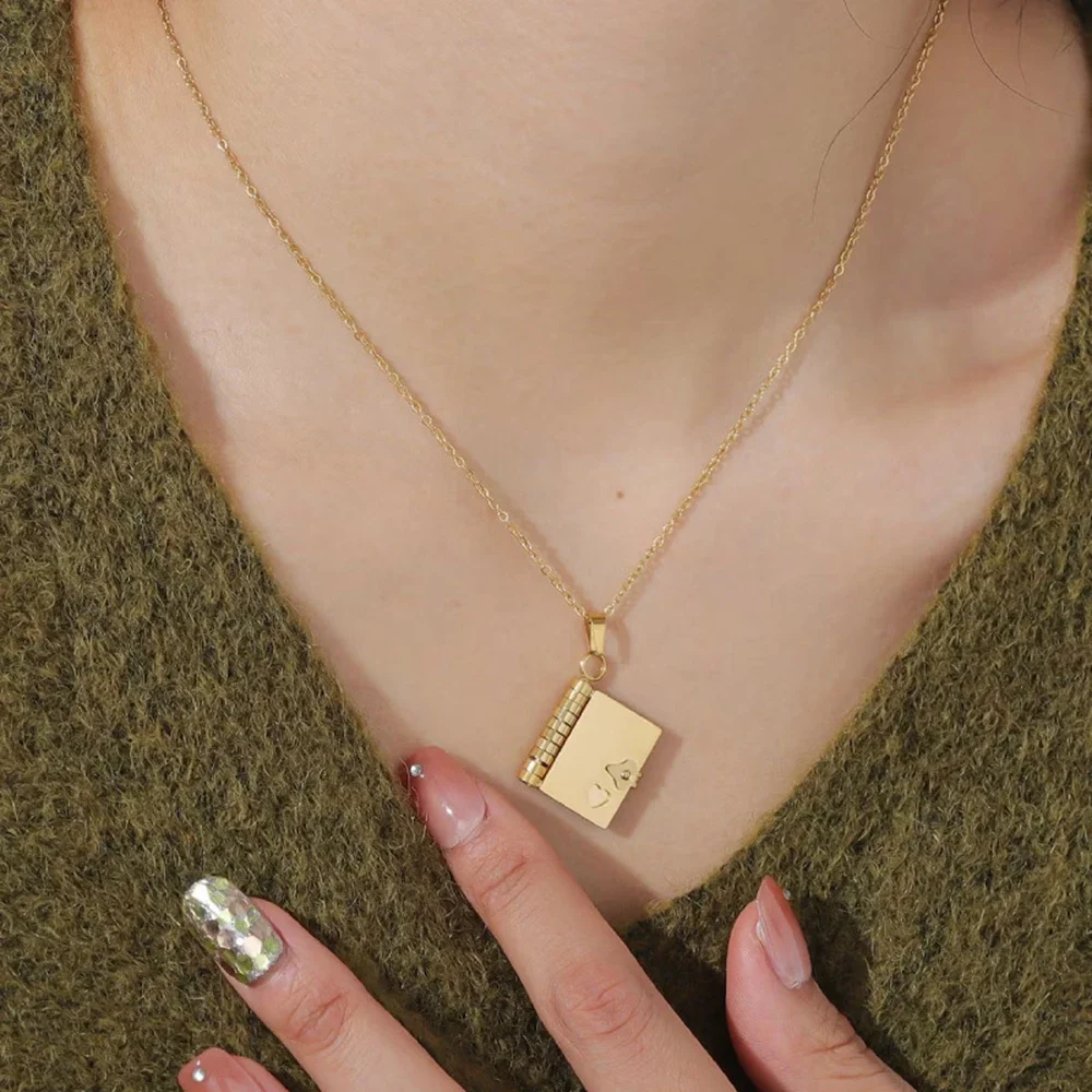 10pcs Stainless Steel Book Pendant Choker Necklaces for Women Men Waterproof Gold Plated Chain Neckalce Unisex Lovers Jewelry