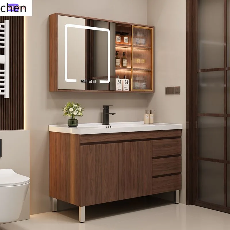 خزانة أرضية الحمام من الخشب الصلب HXL مع حوض غسيل سيراميك متكامل #3