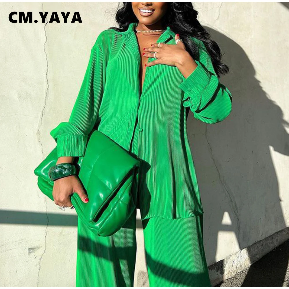 CM.YAYA Pleated Women's Set Long Sleeve Shirt Tops and Straight Wide Leg Pants Elegant Tracksuit Two 2 Piece Set Fitness Outfits