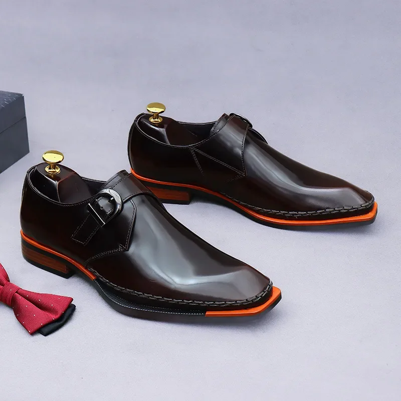 Sewing Thread Toe Cap Design Men's Oxford Shoes Shiny Leather Metal Buckle Slip-On Shoes for Men Business Formal Wedding Shoes