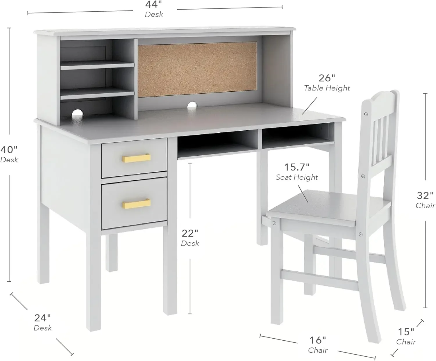 Kids Taiga Desk and Chair Set with Hutch - Gray: Wooden Study Desk with Storage Shelves, Corkboard, and Drawers