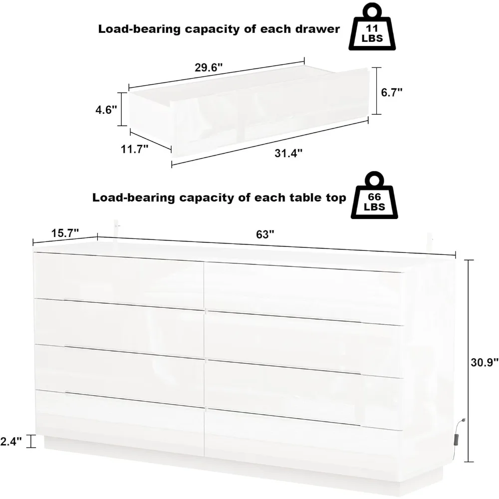Homsee Large 8 Drawer Double Dresser with LED Light, Modern Dresser Chest of Drawers with High Gloss Surface for Bedroom, White