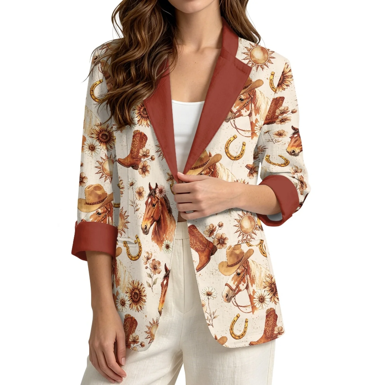 PENSTROLL Western Horse Print Thin Coat with Open Front, Linen Style Lightweight Tops Sizes S-3XL for Work and Daily Travel